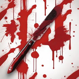 Create an image showing a painting brush and a knife with blood on them, placed over a work of art