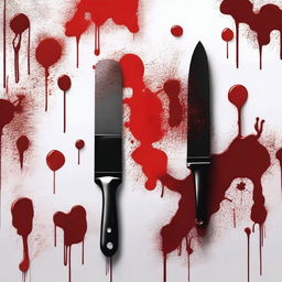 Create an image showing a painting brush and a knife with blood on them, placed over a work of art