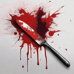 Create an image showing a painting brush and a knife with blood on them, placed over a work of art