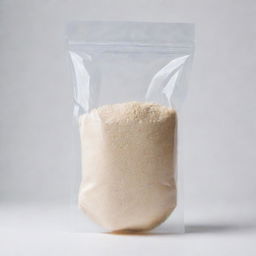 A transparent bag fully filled with white maltodextrin set against a clean, white background