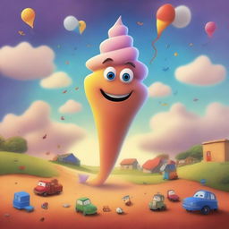 Create a Pixar-style movie poster for 'The Little Tornado,' a heartwarming film about a small tornado that dreams of creating things instead of destroying them