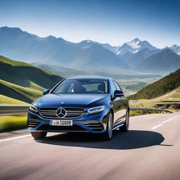 A sleek and stylish Mercedes Passat driving down a scenic highway with mountains in the background, under a clear blue sky