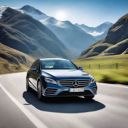 A sleek and stylish Mercedes Passat driving down a scenic highway with mountains in the background, under a clear blue sky