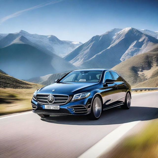 A sleek and stylish Mercedes Passat driving down a scenic highway with mountains in the background, under a clear blue sky