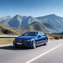 A sleek and stylish Mercedes Passat driving down a scenic highway with mountains in the background, under a clear blue sky