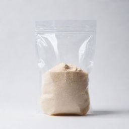 A transparent bag fully filled with white maltodextrin set against a clean, white background