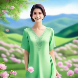 A beautiful woman standing in a serene environment, with a gentle smile on her face