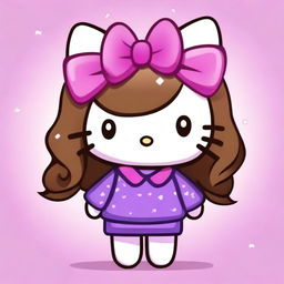 A cute Hello Kitty character with wavy brown hair, wearing a purple sweater and a pink bow on her head