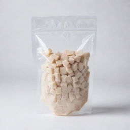 A transparent bag fully filled with white maltodextrin set against a clean, white background