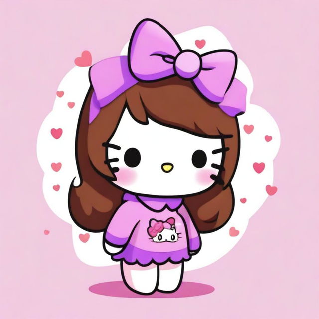 A cute Hello Kitty character with wavy brown hair, wearing a purple sweater and a pink bow on her head