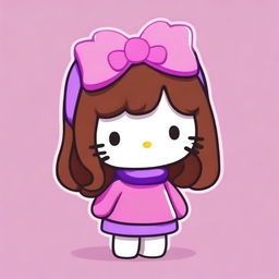 A cute Hello Kitty character with wavy brown hair, wearing a purple sweater and a pink bow on her head