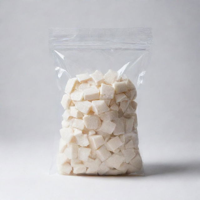 A transparent bag fully filled with white maltodextrin set against a clean, white background