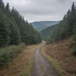 A long path disappearing into the distance, surrounded by a dense forest with a hill in the backdrop under a cloudy sky