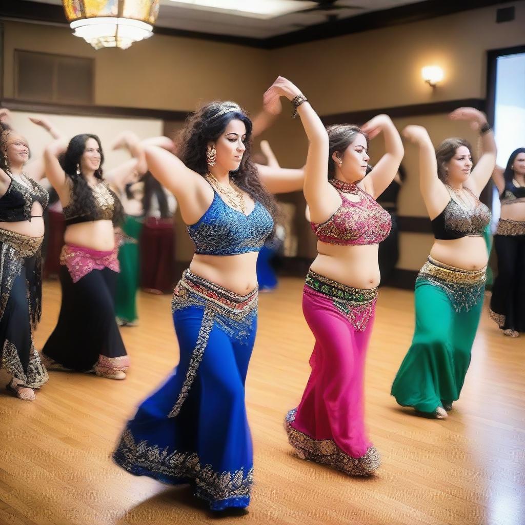 A lively and colorful bellydance class with students of various ages and backgrounds practicing their moves