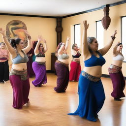 A lively and colorful bellydance class with students of various ages and backgrounds practicing their moves