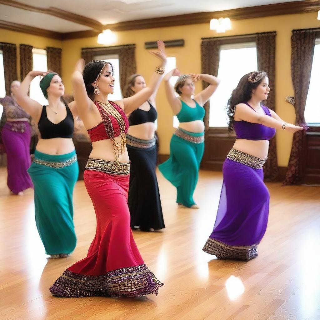 A lively and colorful bellydance class with students of various ages and backgrounds practicing their moves