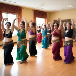 A lively and colorful bellydance class with students of various ages and backgrounds practicing their moves