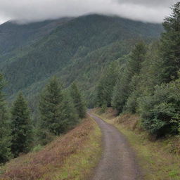 A long path disappearing into the distance, surrounded by a dense forest with a hill in the backdrop under a cloudy sky