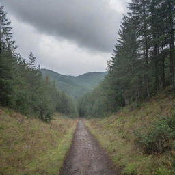 A long path disappearing into the distance, surrounded by a dense forest with a hill in the backdrop under a cloudy sky