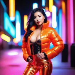 An attractive Asian woman wearing a tight, shiny orange puffer corset, posing confidently in an urban setting with vibrant neon lights