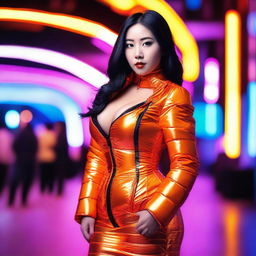 An attractive Asian woman wearing a tight, shiny orange puffer corset, posing confidently in an urban setting with vibrant neon lights