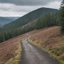 A long path disappearing into the distance, surrounded by a dense forest with a hill in the backdrop under a cloudy sky