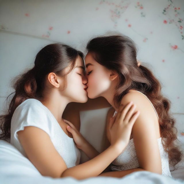 Two cute girls hugging and kissing, lips to lips, on a bed