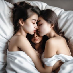 Two cute girls hugging and kissing, lips to lips, on a bed