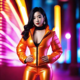 A fashionable Asian woman wearing a tight, shiny orange puffer corset, posing confidently