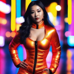 A fashionable Asian woman wearing a tight, shiny orange puffer corset, posing confidently