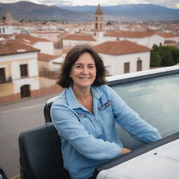 A detailed image of a person resembling Tere Kuster, happily sitting in a jeep amidst the picturesque cityscape of Córdoba, Argentina.