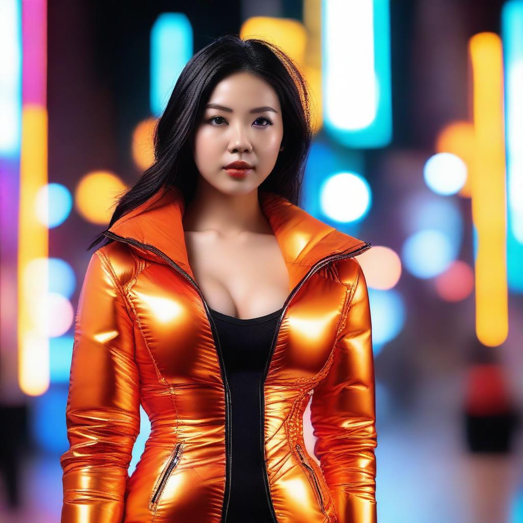 A fashionable Asian woman wearing a tight, shiny orange puffer corset, posing confidently in an urban setting with vibrant neon lights