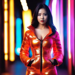 A fashionable Asian woman wearing a tight, shiny orange puffer corset, posing confidently in an urban setting with vibrant neon lights