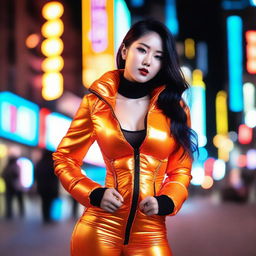 A fashionable Asian woman wearing a tight, shiny orange puffer corset, posing confidently in an urban setting with vibrant neon lights