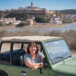 A detailed image of a person resembling Tere Kuster, happily sitting in a jeep amidst the picturesque cityscape of Córdoba, Argentina.