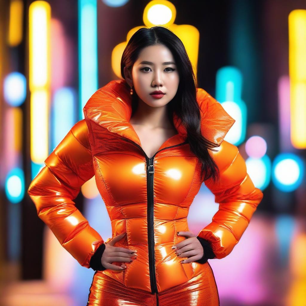 A fashionable Asian woman wearing a tight, shiny orange puffer corset, posing confidently