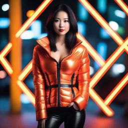 A fashionable Asian woman wearing a tight, shiny orange puffer corset, posing confidently