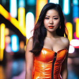 A fashionable Asian woman wearing a tight, shiny orange puffer corset, posing confidently