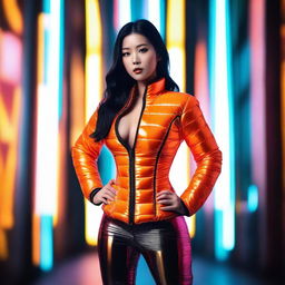 A fashionable Asian woman wearing a tight, shiny orange puffer corset, posing confidently