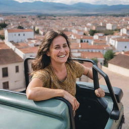 A detailed image of a person resembling Tere Kuster, happily sitting in a jeep amidst the picturesque cityscape of Córdoba, Argentina.