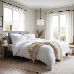 A cozy bedroom featuring a comfortable bed with a white duvet