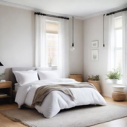 A cozy bedroom featuring a comfortable bed with a white duvet