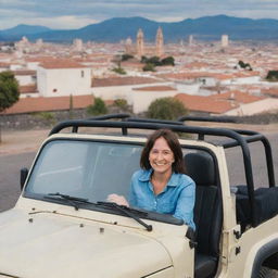 A detailed image of a person resembling Tere Kuster, happily sitting in a jeep amidst the picturesque cityscape of Córdoba, Argentina.