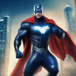 A dynamic and powerful superhero character in a dramatic pose, wearing a sleek, futuristic costume with a cape flowing in the wind