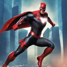 A dynamic and powerful superhero character in a dramatic pose, wearing a sleek, futuristic costume with a cape flowing in the wind