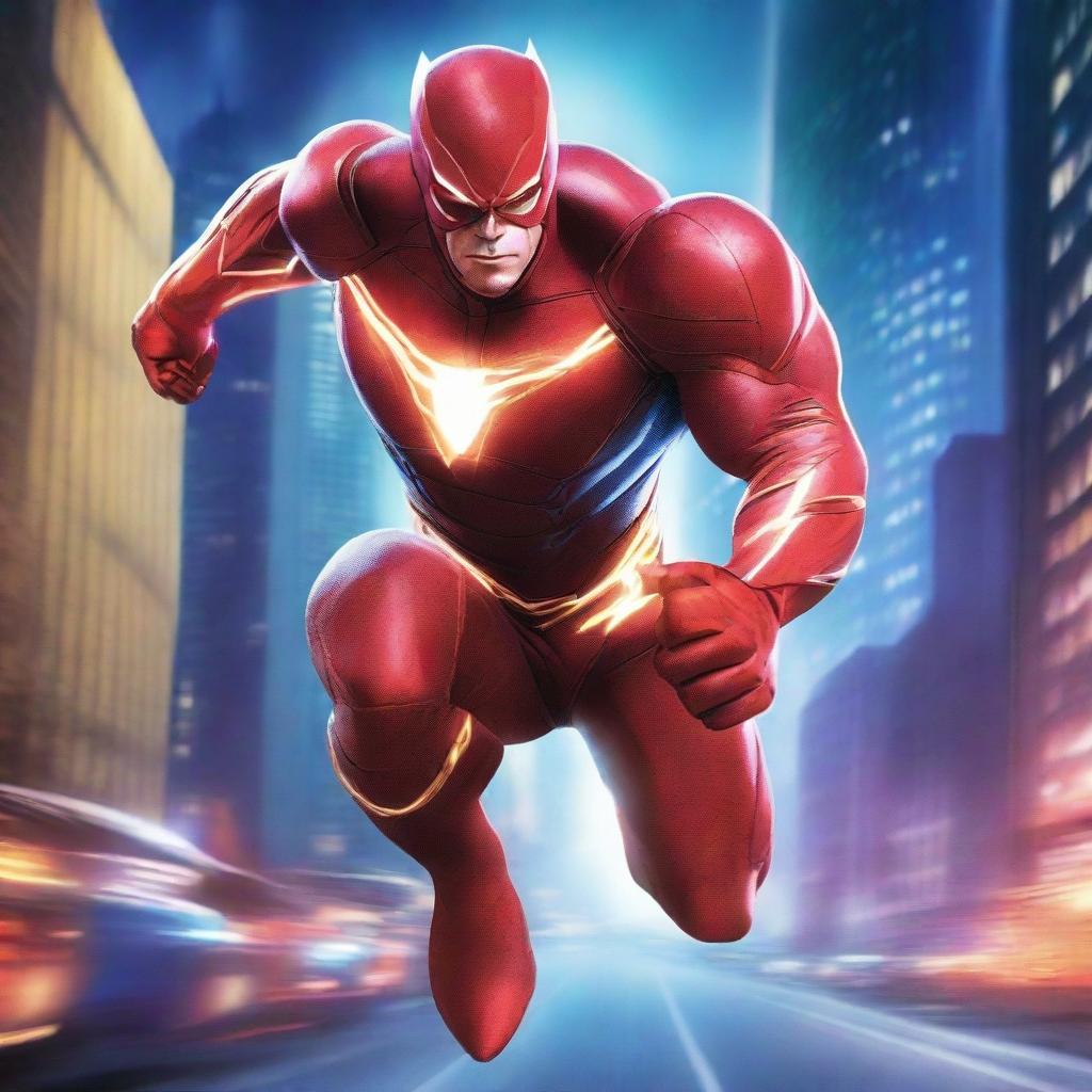 A dynamic and powerful speed superhero racing through a futuristic city at night