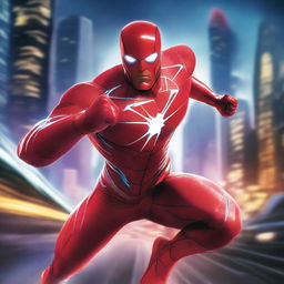 A dynamic and powerful speed superhero racing through a futuristic city at night