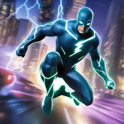 A dynamic and powerful speed superhero racing through a futuristic city at night