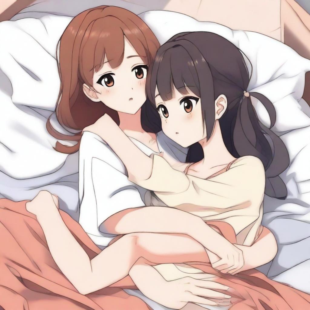 Two cute girls hugging with their tongues touching each other, on a bed