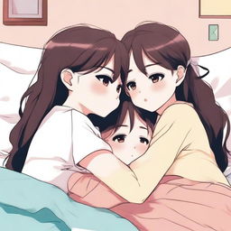 Two cute girls hugging with their tongues touching each other, on a bed